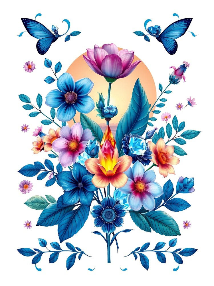 Blue Flowers With Butterflies