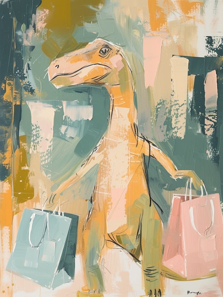 Pastel Dinosaur With Shopping Bags