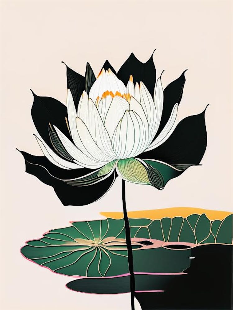 Blooming Lotus Flower In Lake Abstract Line Drawing 1