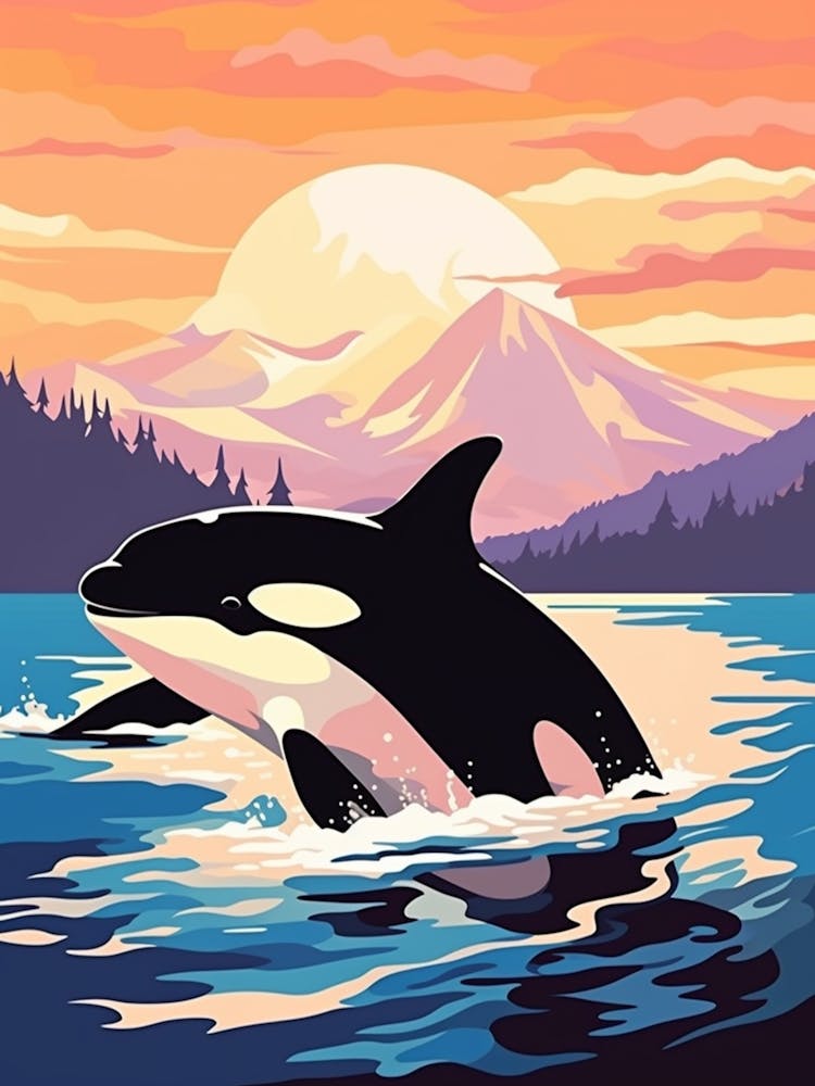 Orca Whale And Mountain At Sunset