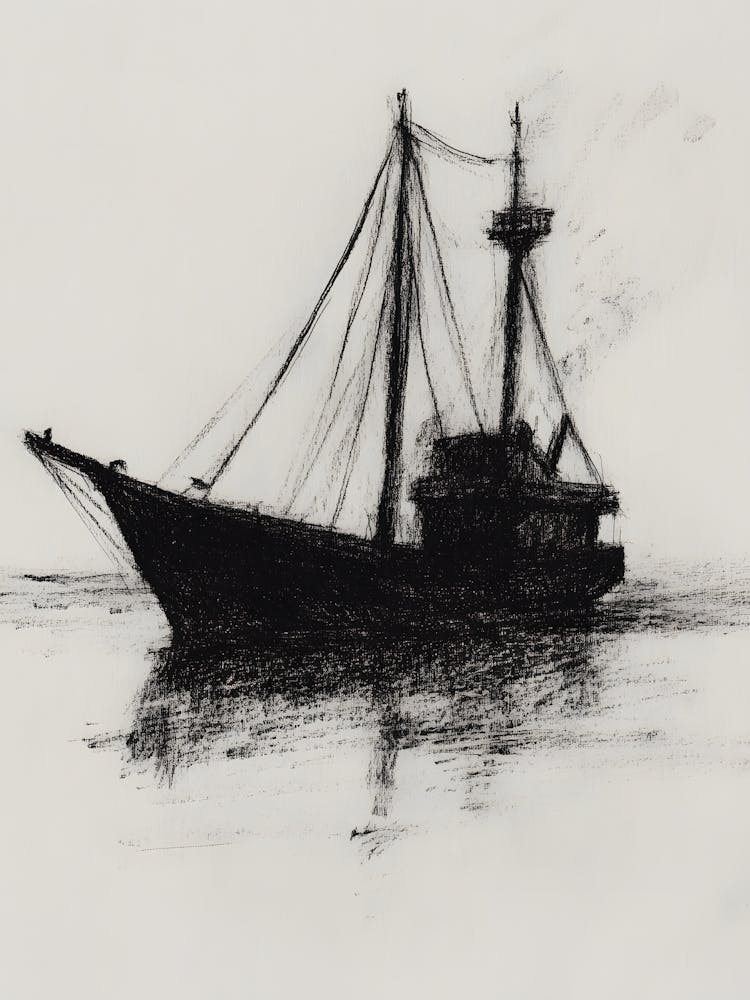 Charcoal Pencil Drawing Schooner