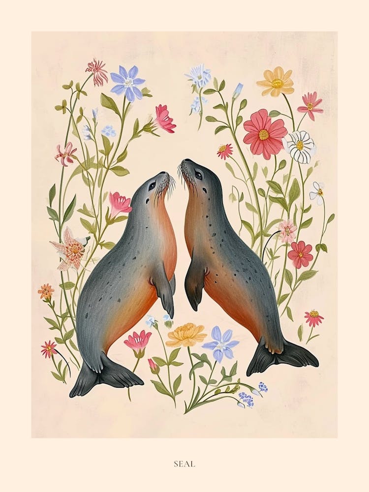 Folksy Floral Animal Drawing Seal 6 Poster
