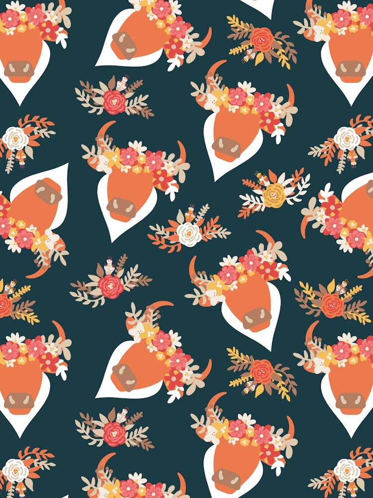 Orange Bulls with Flower Crowns on Black