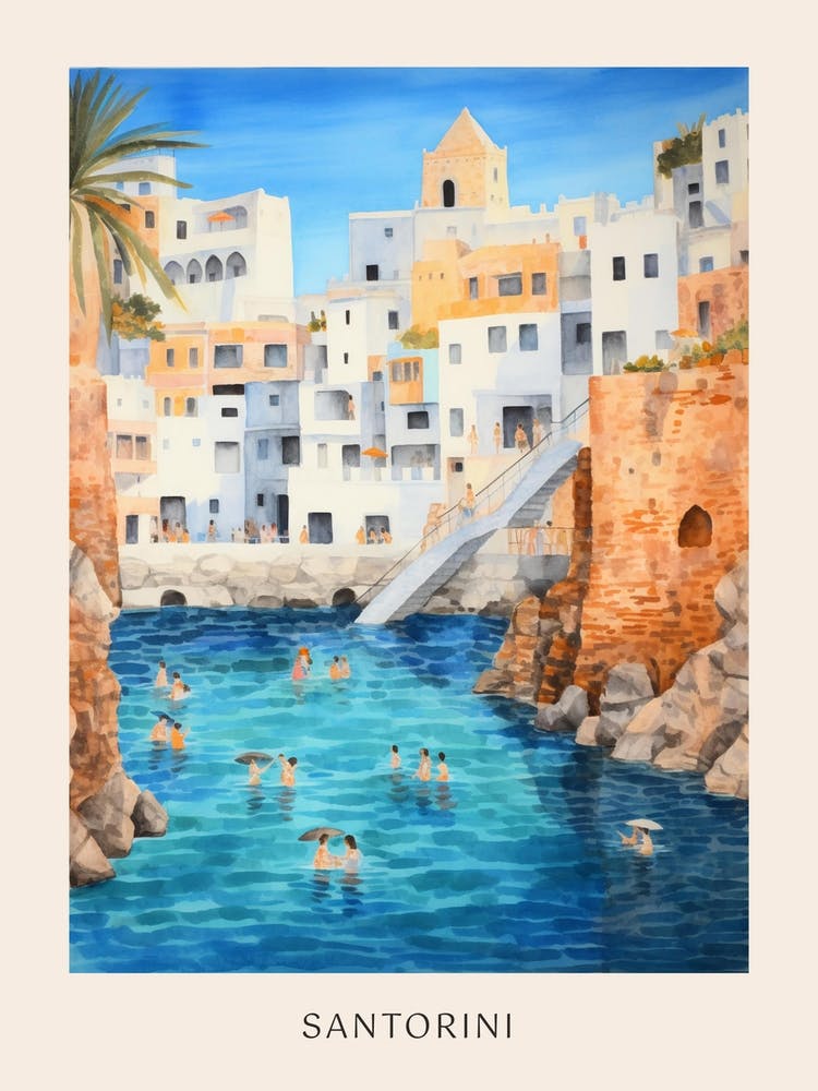 Swimming In Santorini Greece 3 Watercolour Poster