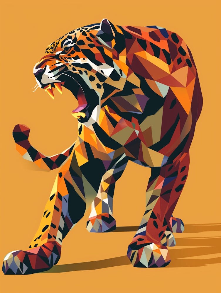 Angry Stalking Jaguar Standing Attack Pose Roaring Logo Geometric Style 2