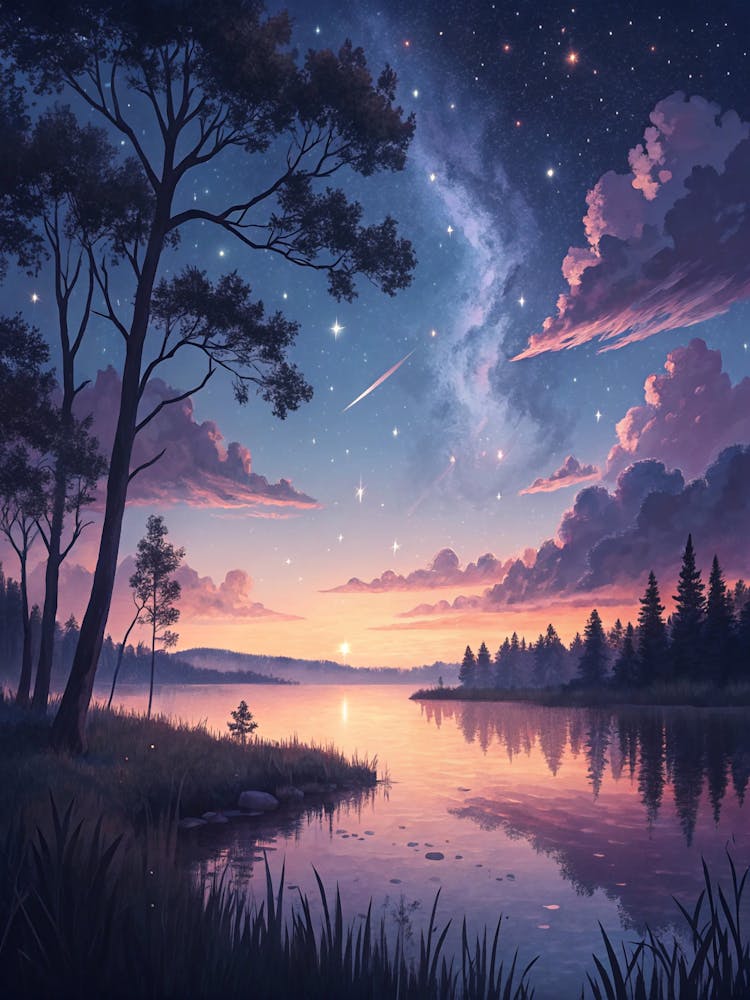 Oil Painting Style Lake Scene At Dawn With Stars