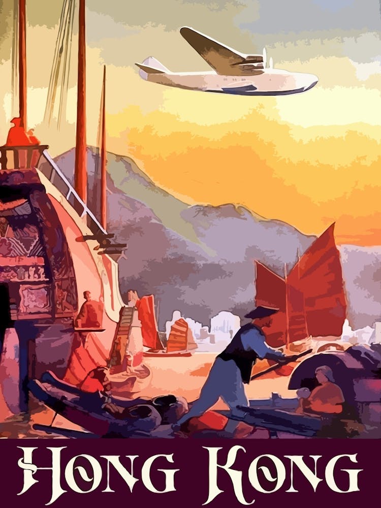 Airplane Over Hong Kong, Vintage Travel Poster