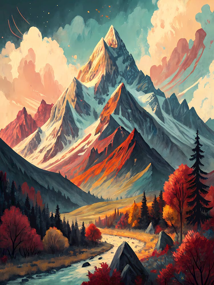 Abstract Interpretation of Autumn Mountains Oil Painting Style