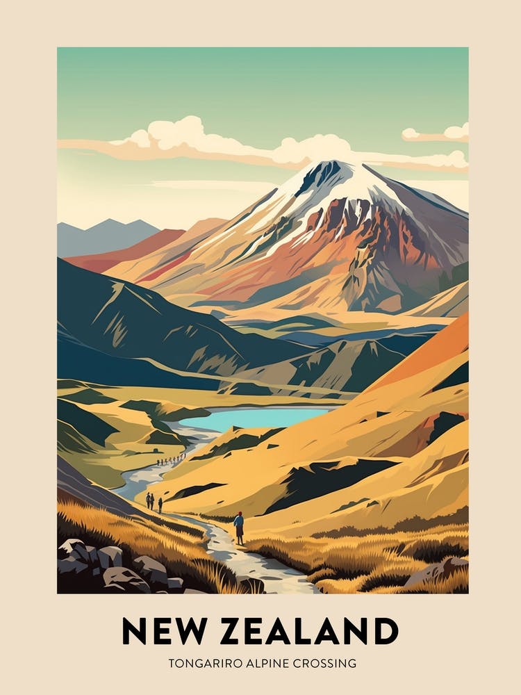 Tongariro Alpine Crossing New Zealand 1 Vintage Hiking Travel Poster