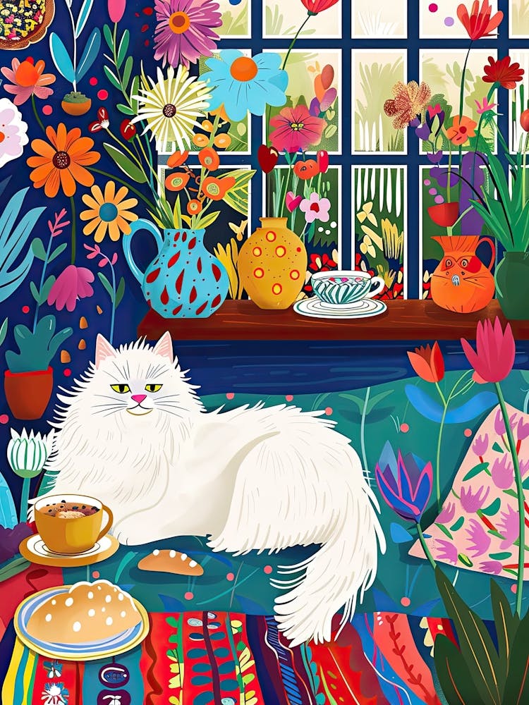L'Heure du Thé avec un Chat Blanc Moelleux 1
