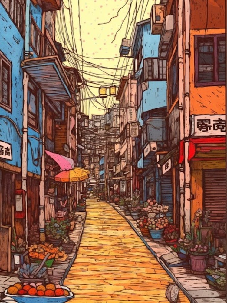 Painting Of Seoul South Korea In The Style Of Line Art 4
