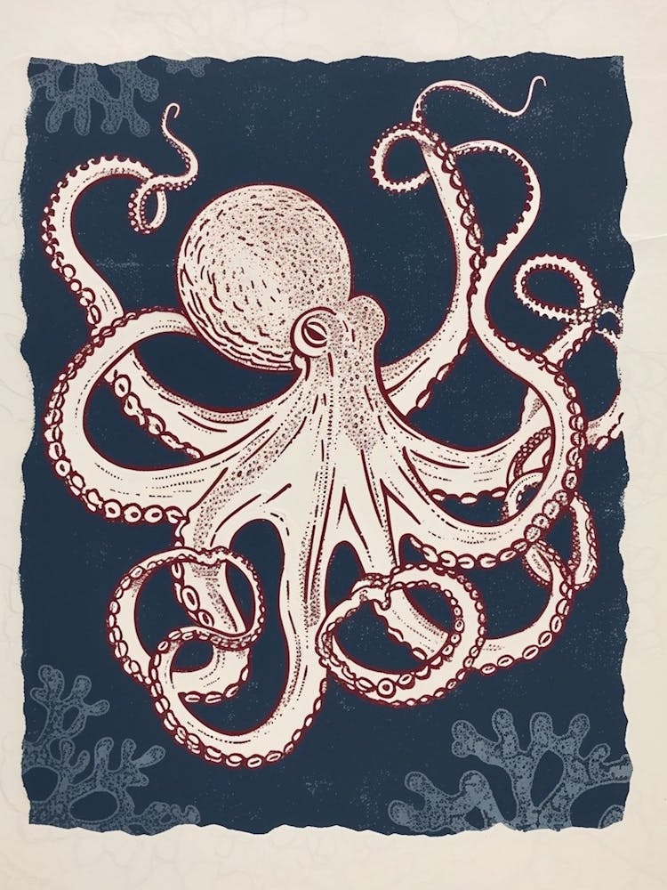 Navy Blue & Red Linocut Inspired Octopus 3