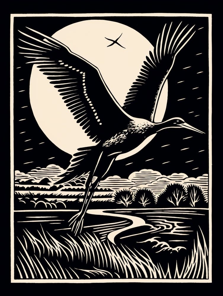 B&W Bird Linocut Stork 4