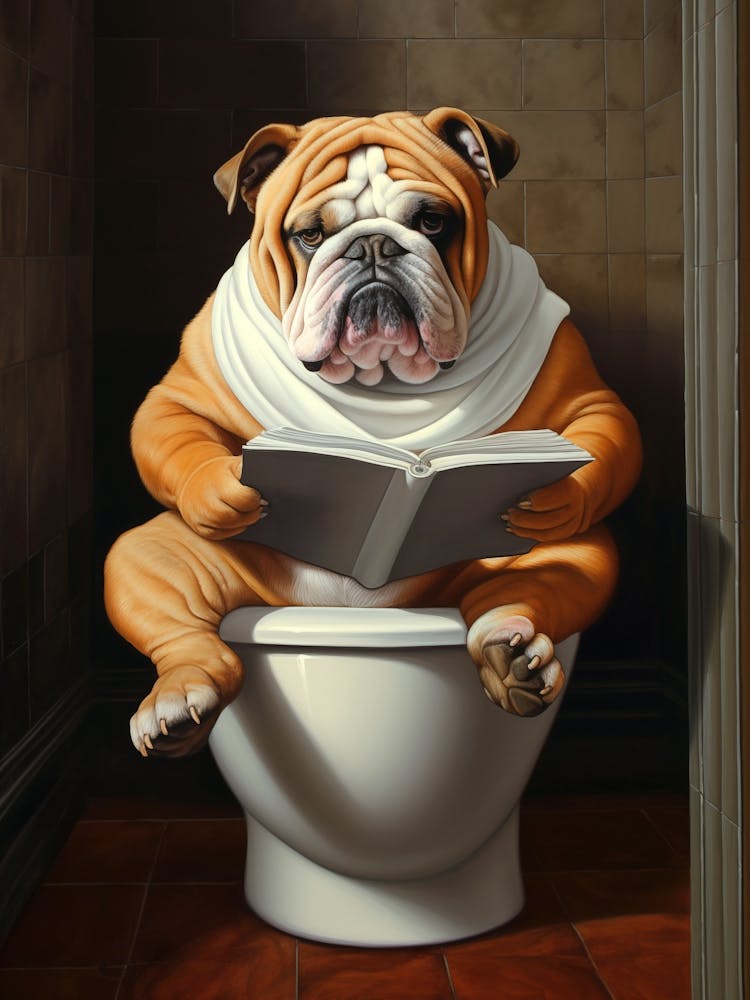 Bulldog Reading On The Toilet