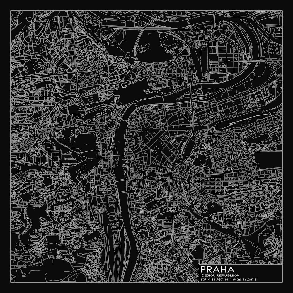 Praha Česká Republika city map white on black blueprint design