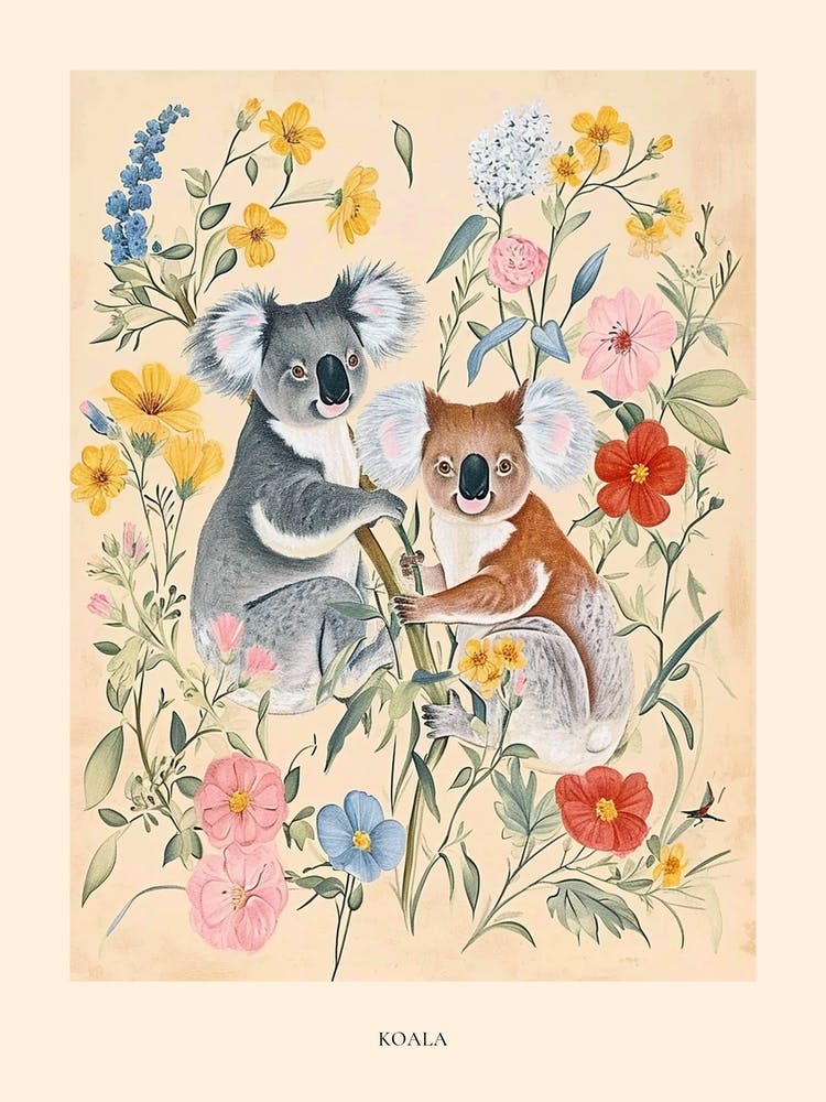 Folksy Floral Animal Drawing Koala Poster