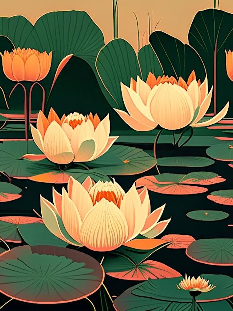 Lotus Flowers In Park Retro Illustration 2
