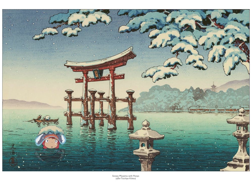 Ponyo And Snowy Miyajima - Japanese Woodblock Print - Studio Ghibli