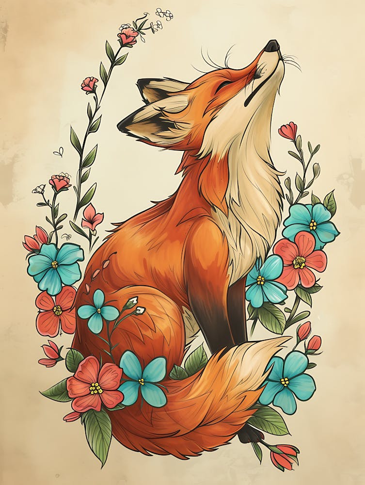 Amazing Red Fox With Flowers