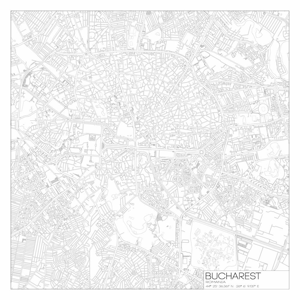 Bucharest, Romania, City Map Black On White Blueprint Design