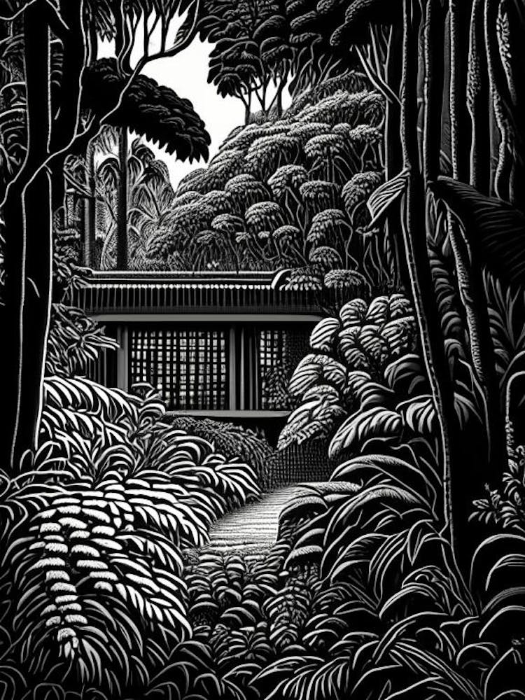Longhouse Reserve, Usa Linocut Black And White Vintage