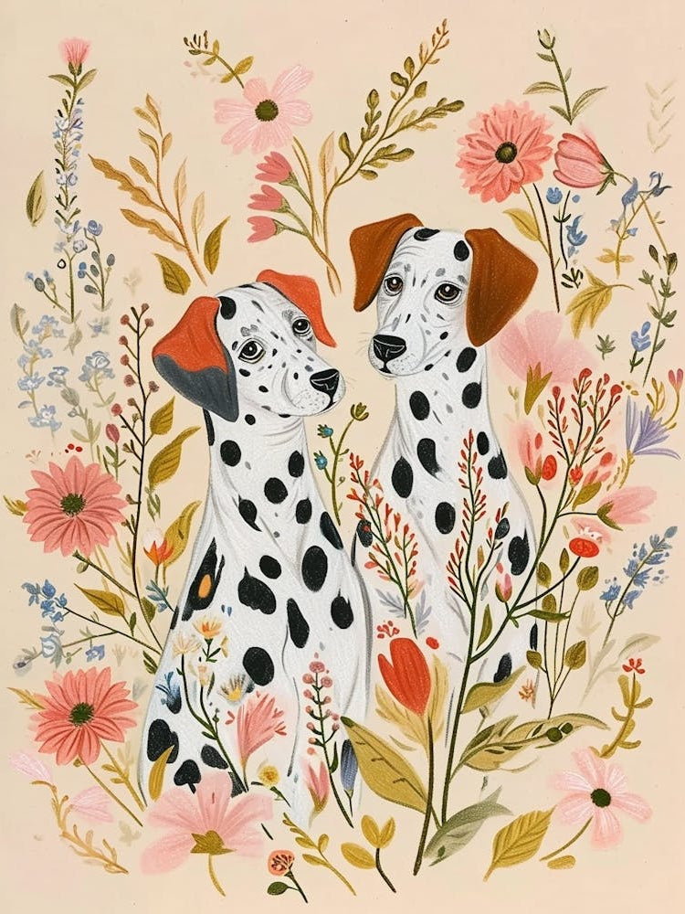 Folksy Floral Animal Drawing Dalmatian