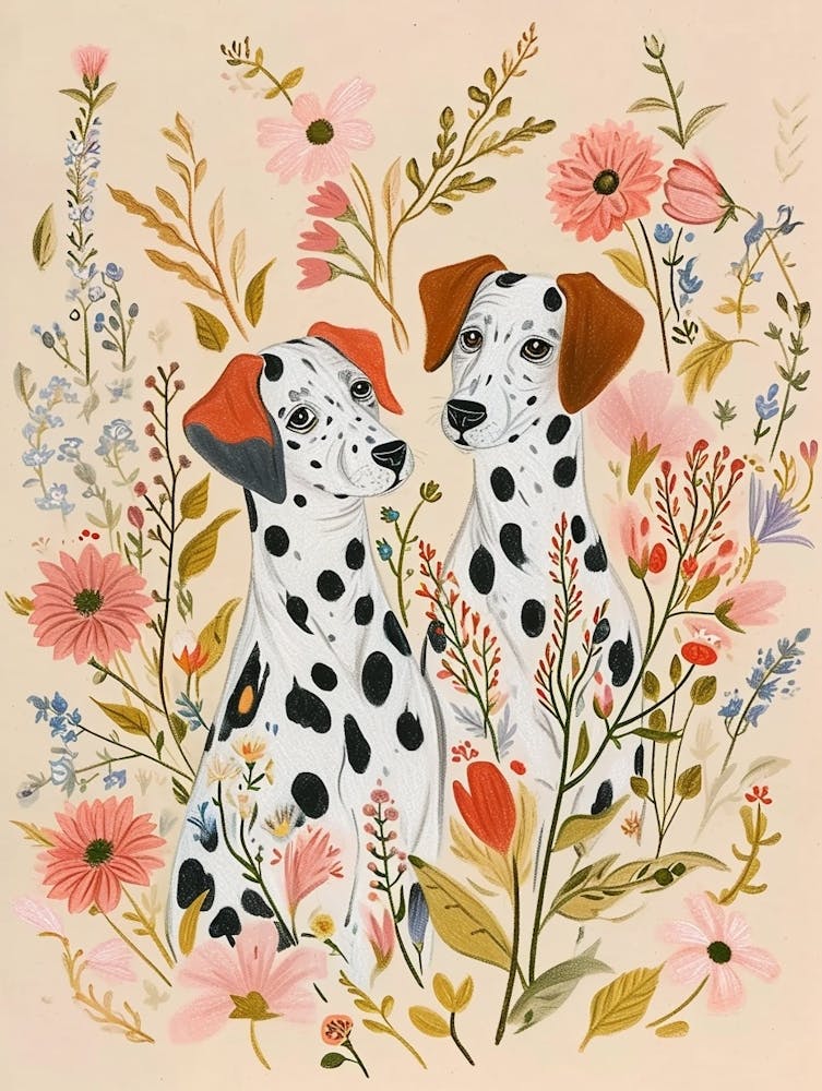 Folksy Floral Animal Drawing Dalmatian