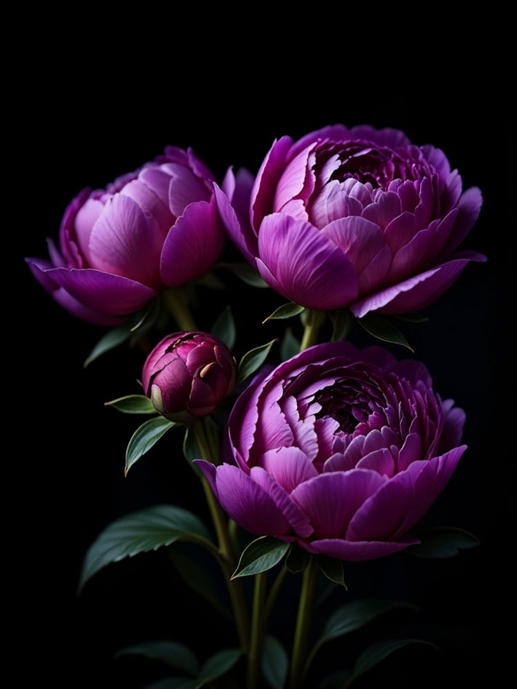 Deep Purple Peony Blooms on Black Background