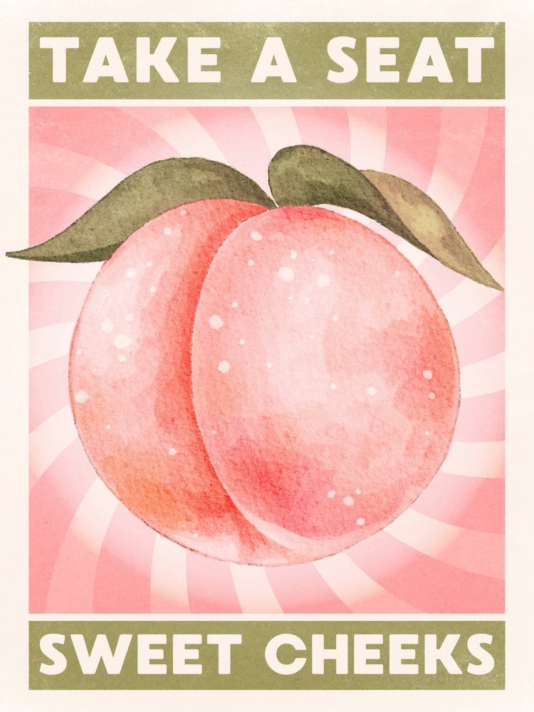 Take a Seat, Sweet Cheeks – Funny Peach Bathroom Wall Art in Blush Pink and green with Toilet Humor for the Bathroom or Powder Rooms, Retro-Inspired Bathroom Art with Funny Quote with Bathroom Humor, Vintage Sweet Cheeks Poster Blush Bathroom Art for Play