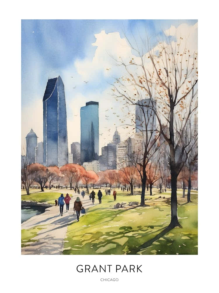 Grant Park Chicago Watercolour Travel Poster