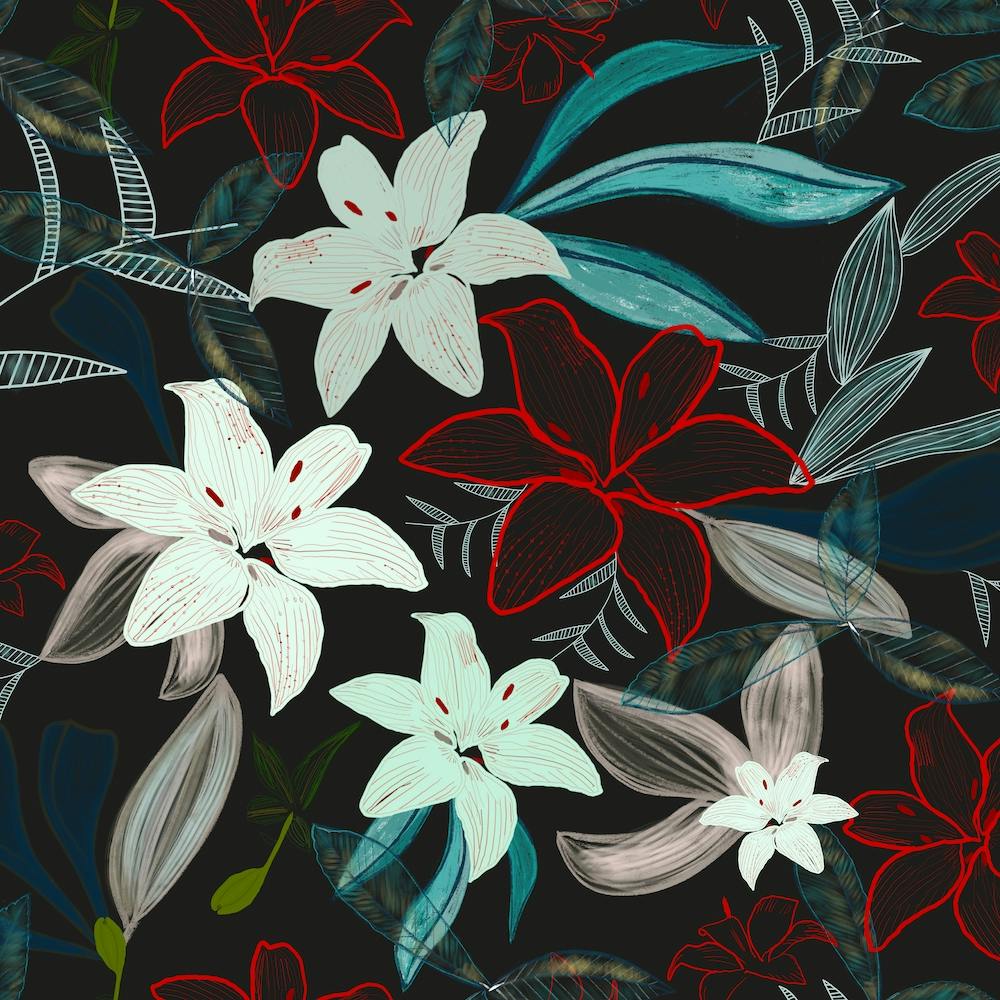 Jungle Warrior Exotic Lily Hand Painted Artistic Pattern Black Square