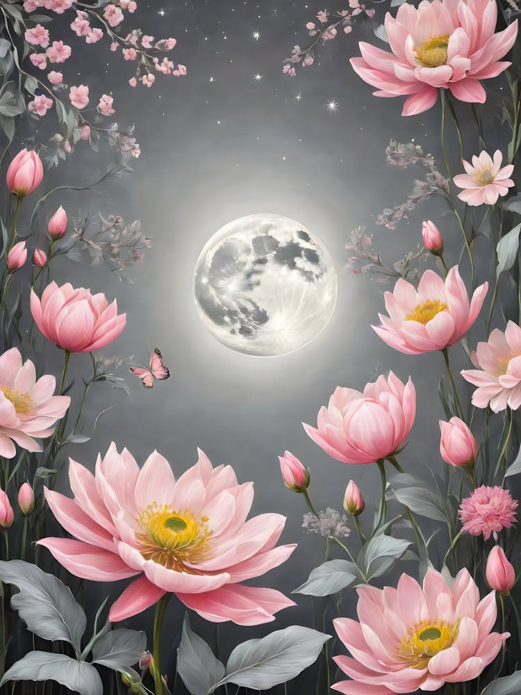 Painted Spring and Summer Flowers Boho Pattern - Soft Pale Grey Background With Pink Bohemian Blooms and Full Moon Wallpaper Art Like Amy Butler and William Morris Fabric Print For Lunar Pagan Gallery Feature Wall Floral Botanical Luna Lover HD