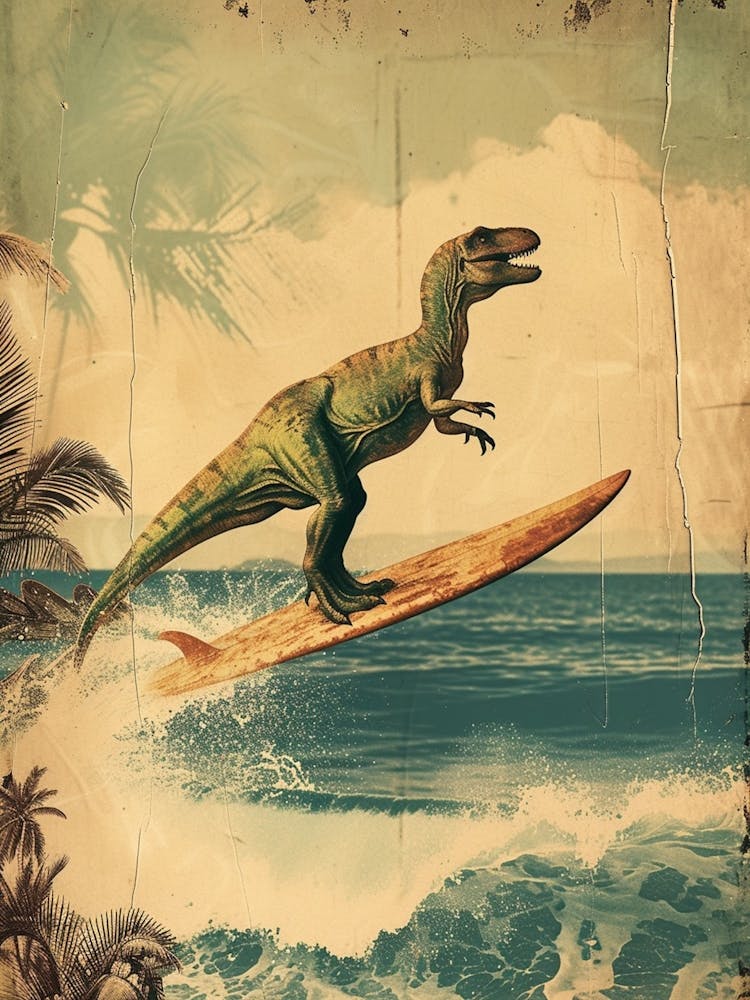 Vintage Dryosaurus Dinosaur On A Surf Board 1