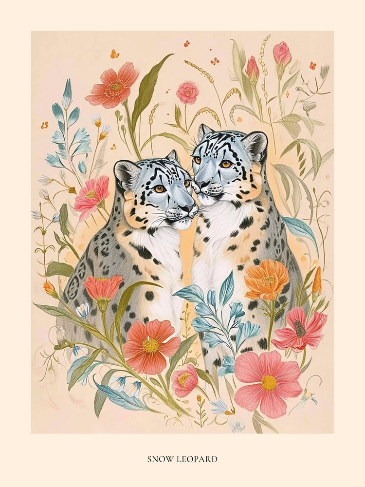 Folksy Floral Animal Drawing Snow Leopard 3 Poster