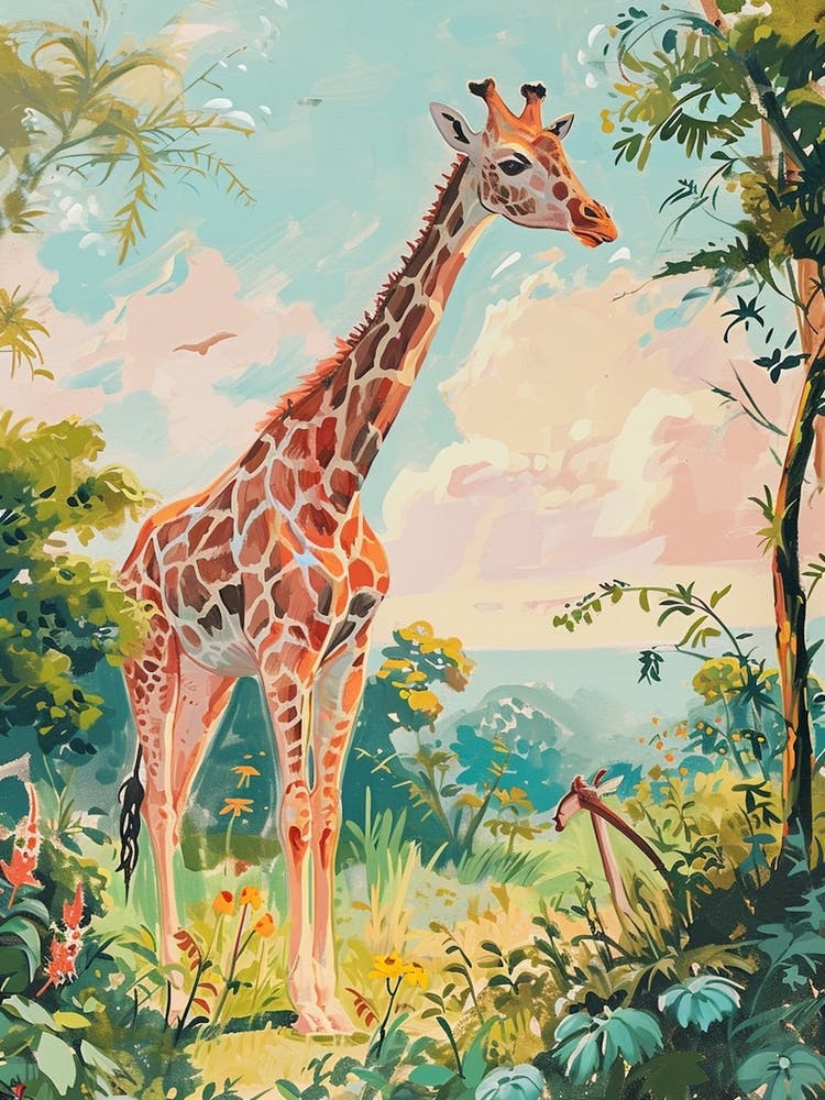 Giraffe In The Wild Watercolour Illustration