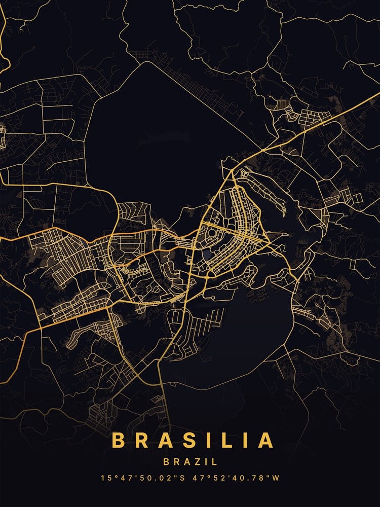 Brasilia Federal District Brazil Zoomed Black And Gold Map