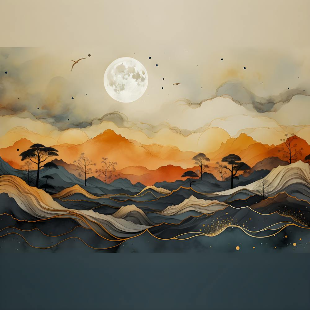 Elegant Abstract Landscape Wall Art - Golden Sunrise Over Mountains | Modern Minimalist Decor for Living Room