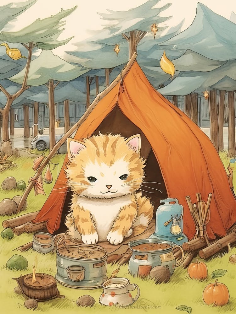 Kawaii Cat Drawings Camping 2
