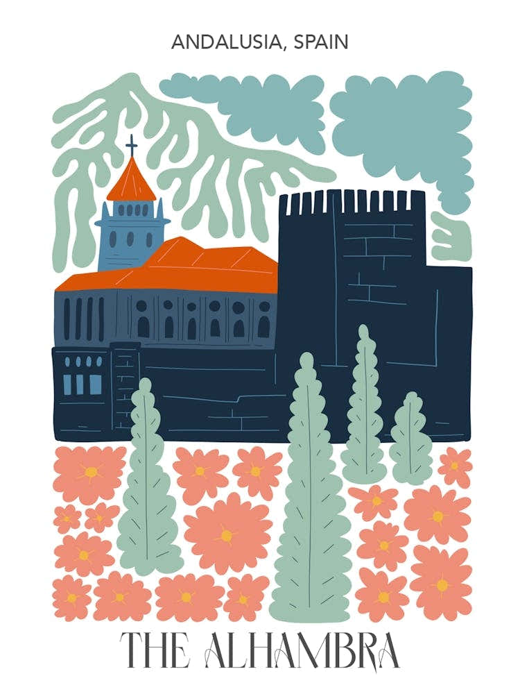 The Alhambra   Andalusia, Spain, Travel Poster In Cute Illustration