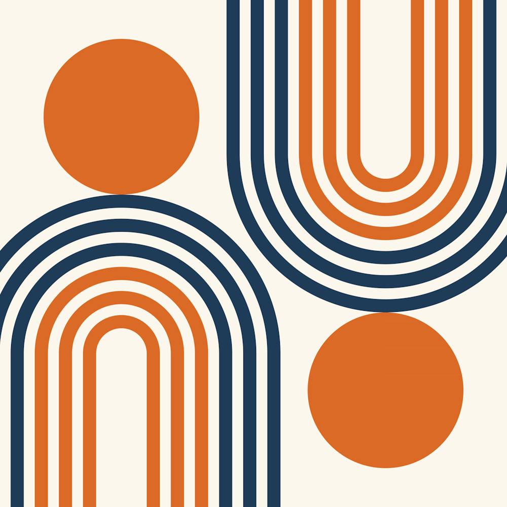 Mid Century Modern Geometric in classy navy blue orange (Rainbow and Sun Abstract Design) 1