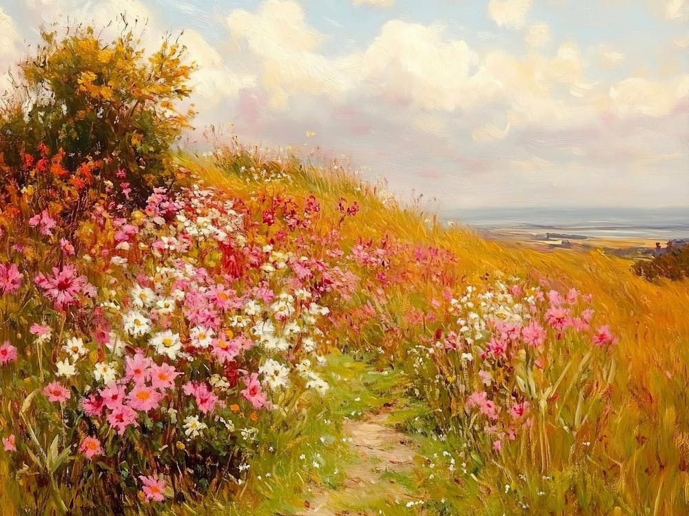 Wildblumenfeld Landschaft Ölgemälde, Vintage Sonnenuntergang Landschaft, Landfeld Wandkunst Digitaler Download, Natur Druckkunst