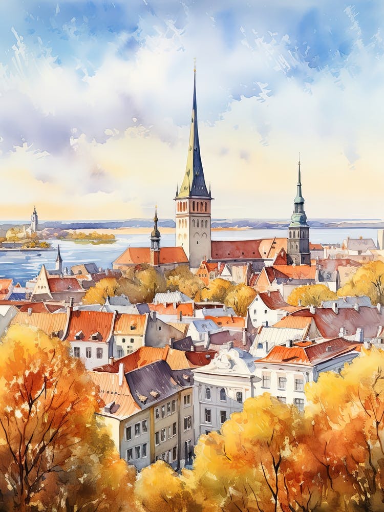 Tallinn Estonia In Autumn Fall, Watercolour 2