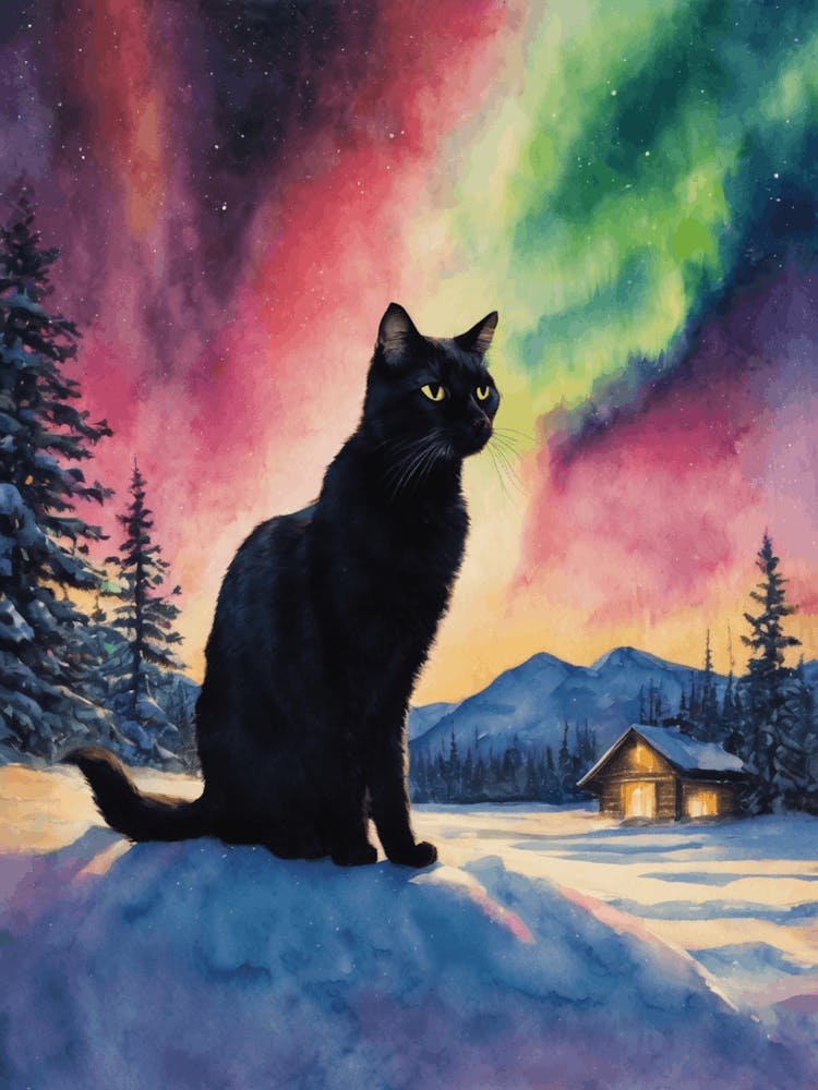 Black Cat At The Northern Lights ~ Beautiful Witch Kitty Under The Aurora Borealis in Snowing Lapland, Yule Winter Scene Rainbow Watercolor Witchy by Lyra the Lavender Witch - Pagan Witchcraft Fairytale Magical