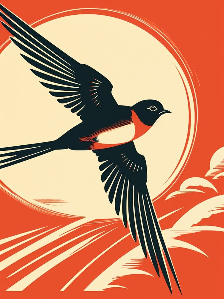 Vintage Bird Linocut Barn Swallow 1