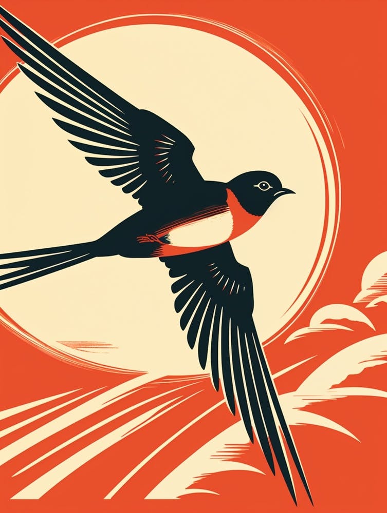 Vintage Bird Linocut Barn Swallow 1