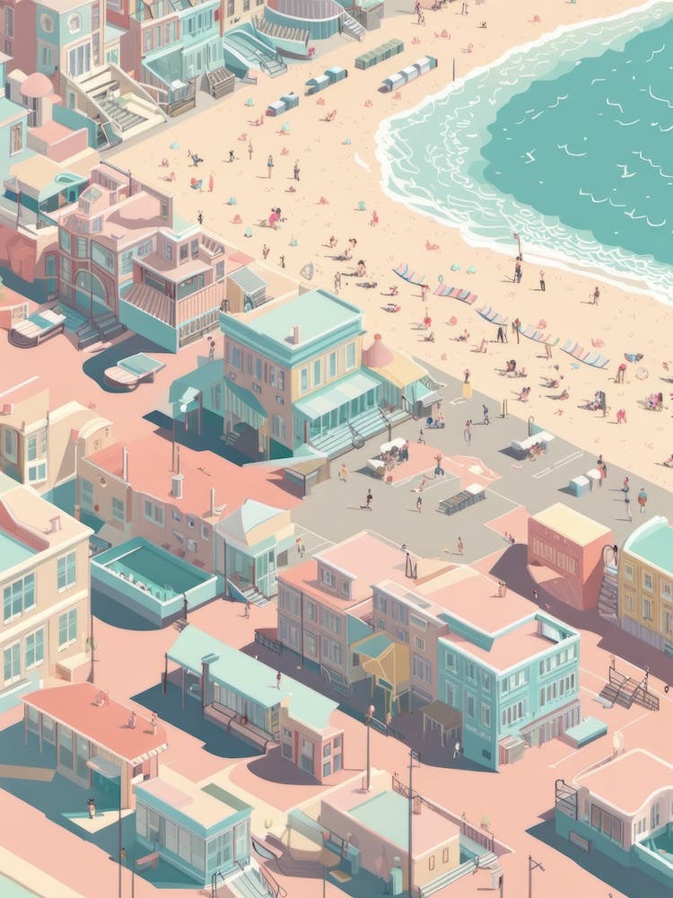 Isometric Pastel Colour Tones Beach City Town Architecture Birds Eye