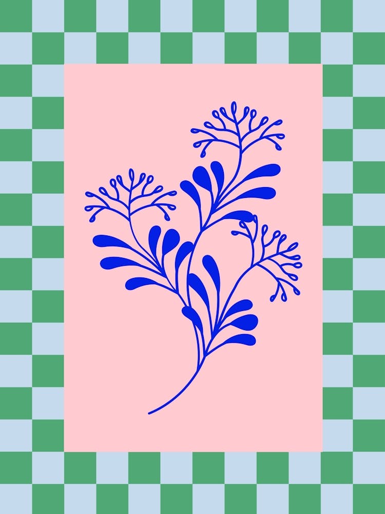 Modern Checkered Flower Poster Blue & Pink 12