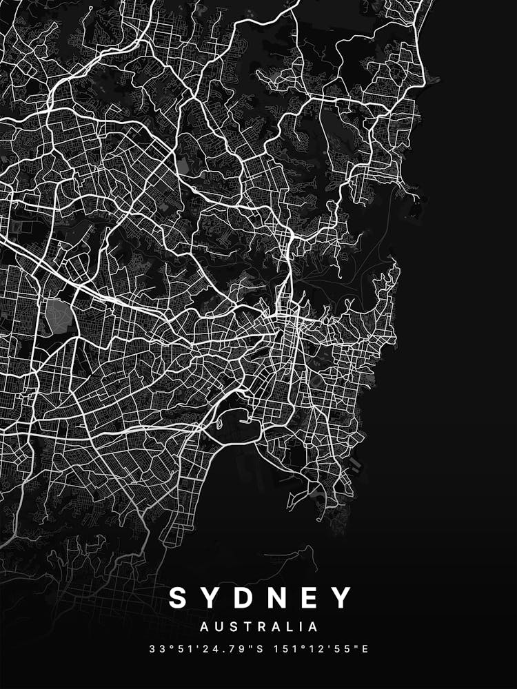Sydney Australia Black Map
