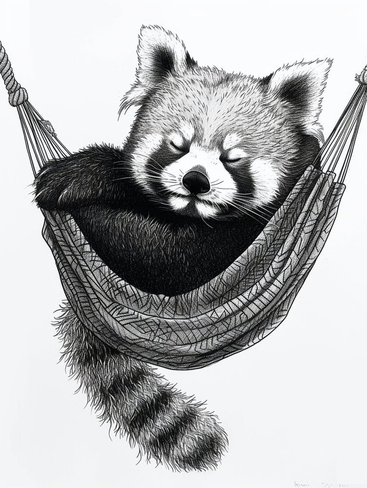 Red Panda Napping In A Hammock Ink Illustration 4