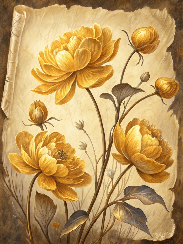 Oil Painting Style Sculptural Golden Blooms